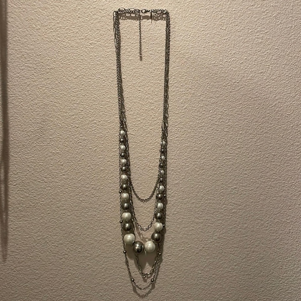 Express long silver and pearl necklace